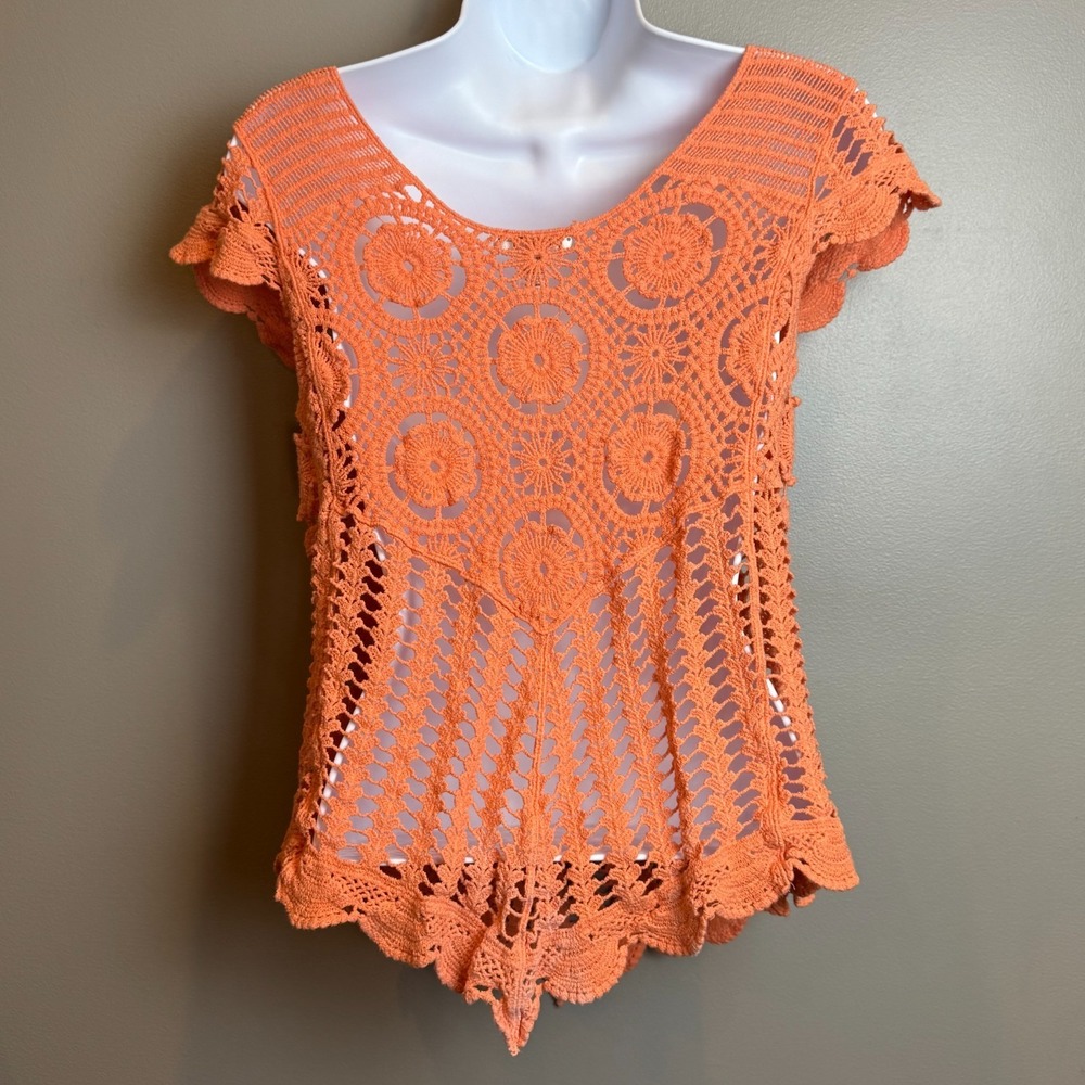 Cato Coral Crochet Lace Tunic Top Size Small Boho Beach Cover Up - Picture 2 of 9
